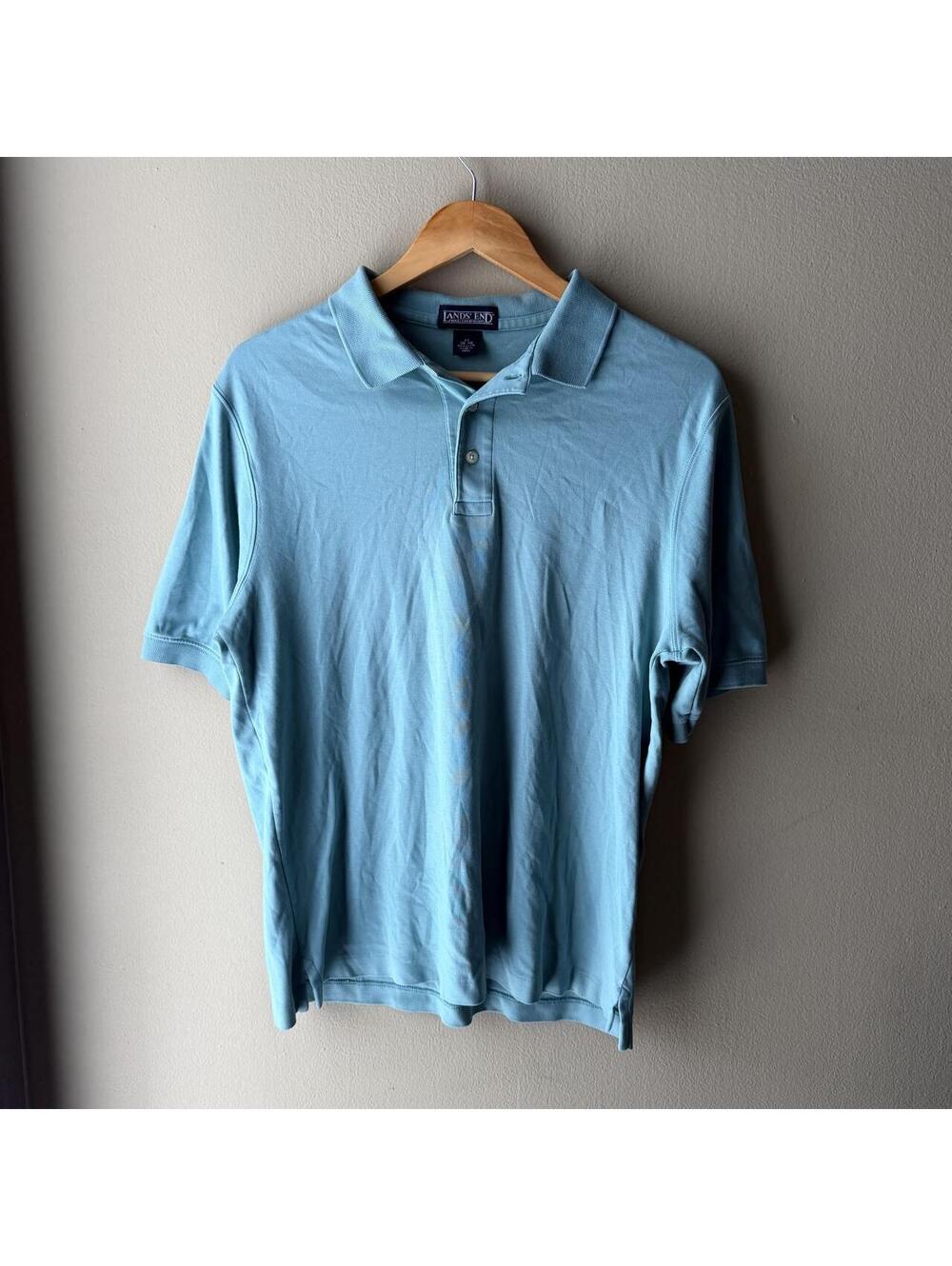 Vintage Y2K Lands’ End Aqua Blue Cotton Polo Shirt Men’s Medium